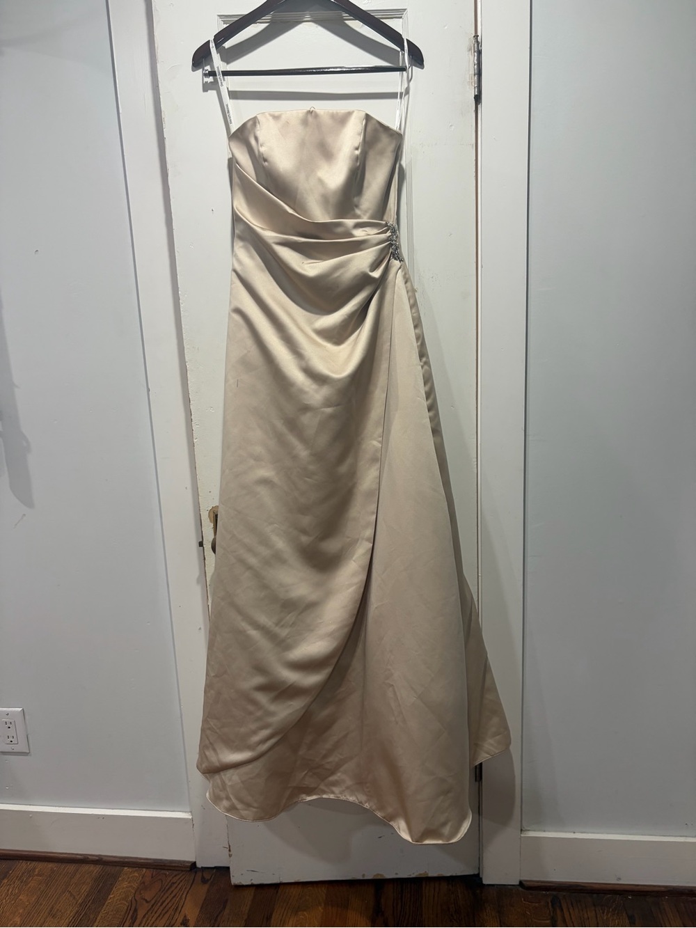 David's Bridal Champagne Strapless Draped Prom Dress